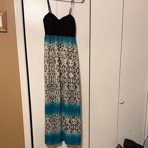 Three Pink Hearts Black and Teal Patterned Maxi Dress